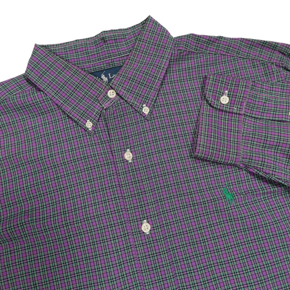 RALPH LAUREN Men's L Purple Green Plaid Classic‎ Fit Button Down Dress Shirt